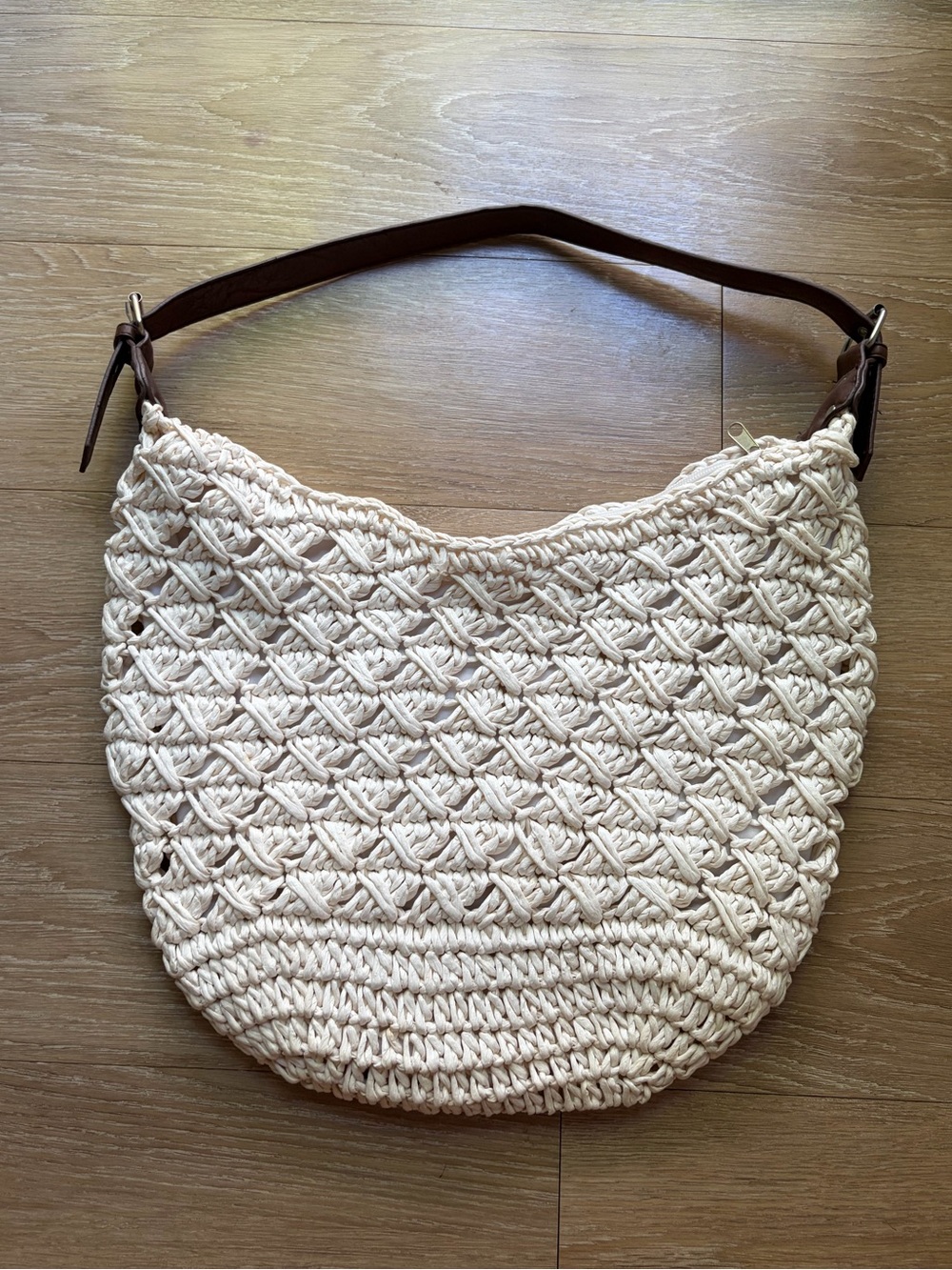 Straw Woven Crochet Hobo Bag in Cream w/ Brown Leather Strap